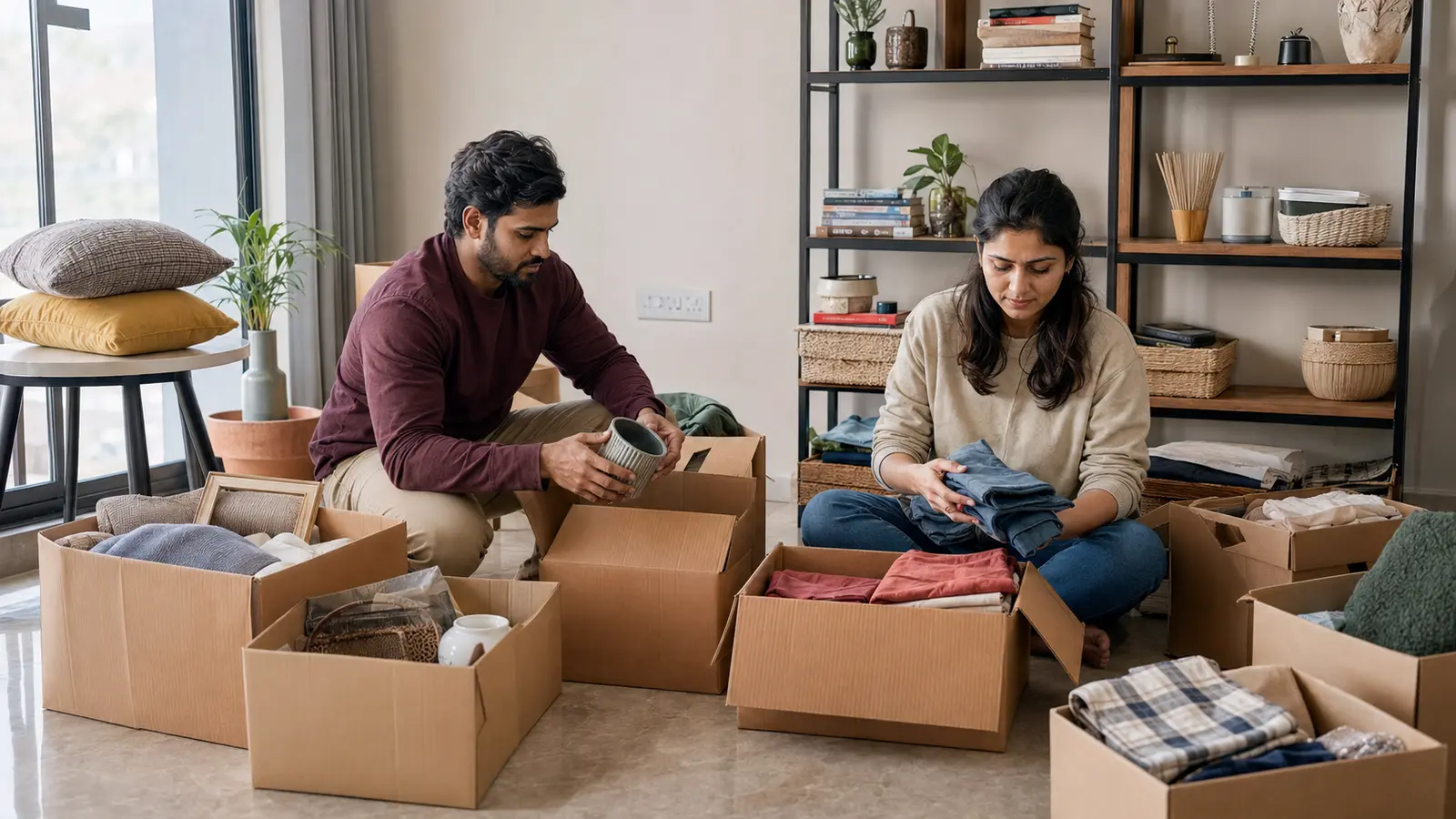 Couple decluttering household belongings before home shifting in Hyderabad