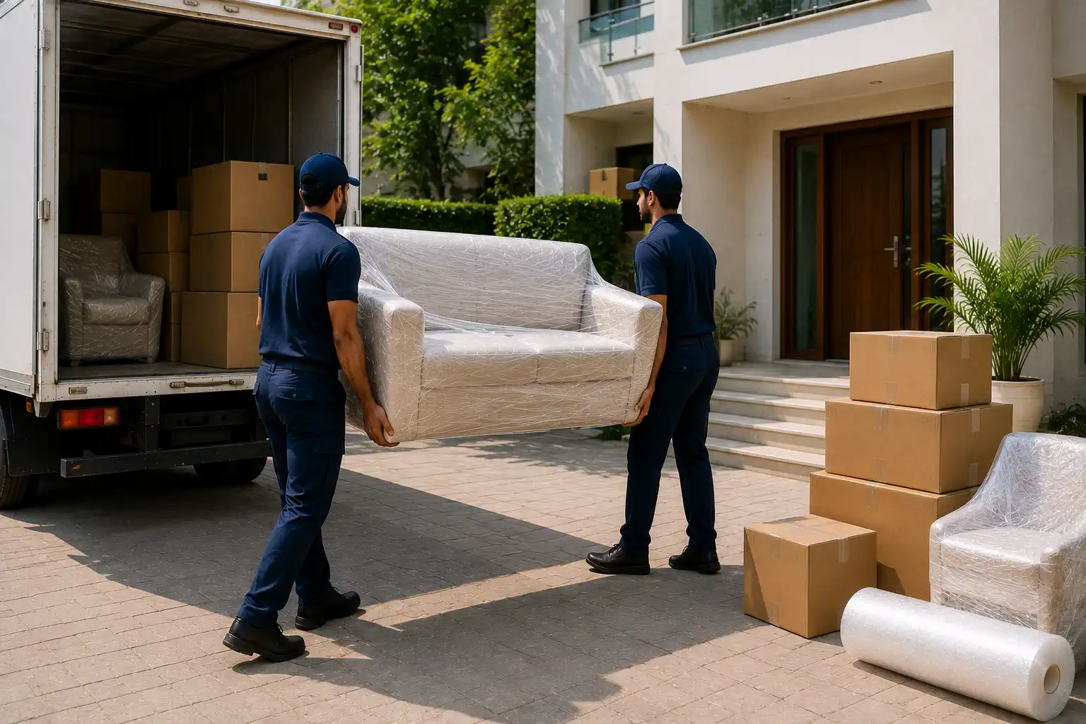 Professional office relocation team moving protected furniture in Hyderabad