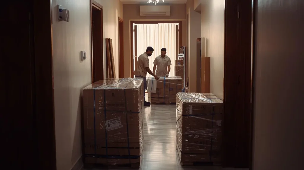 Movers carefully wrapping furniture in a Hyderabad apartment