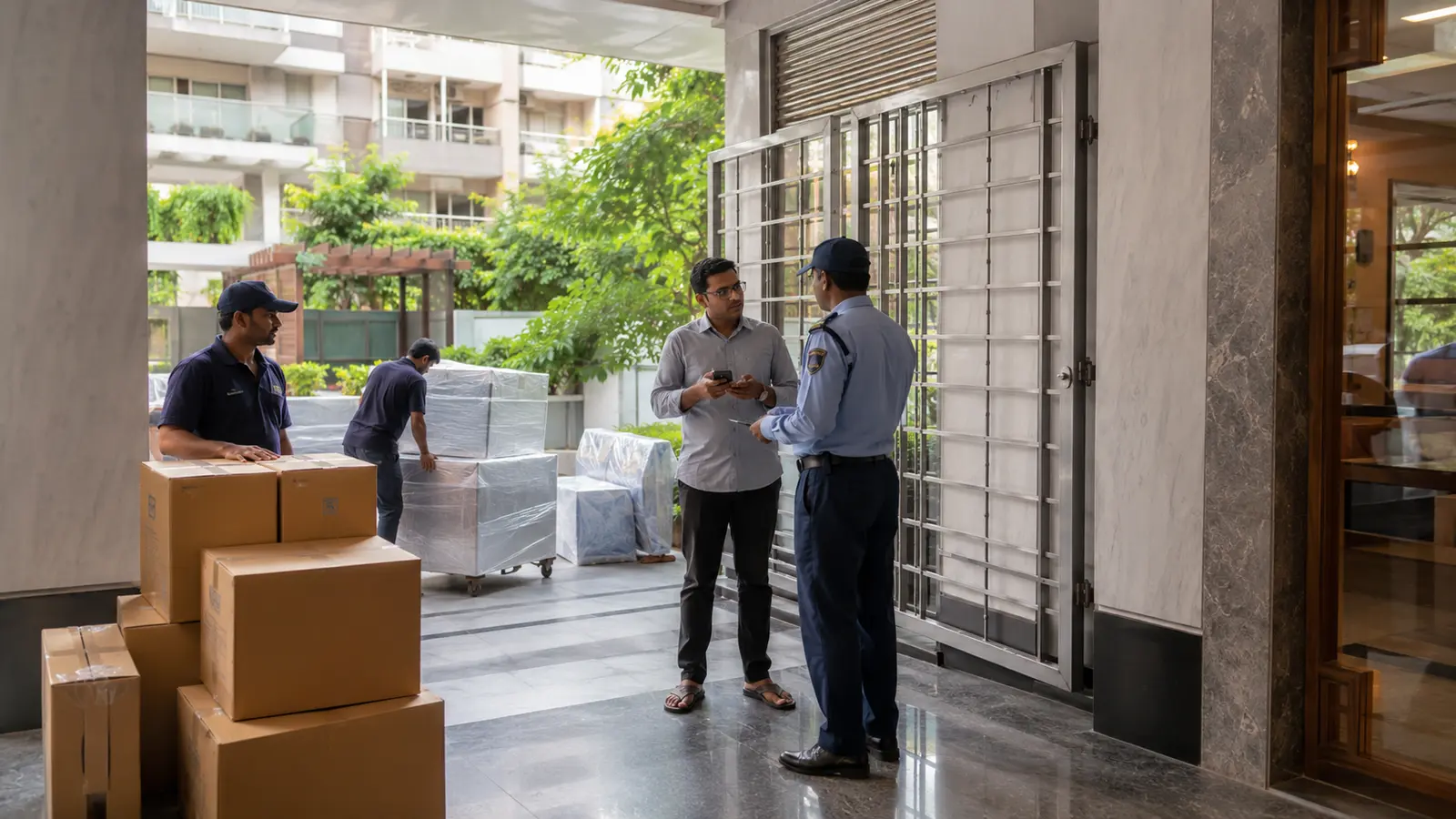 Resident coordinating apartment gate access and service lift timing in Hyderabad