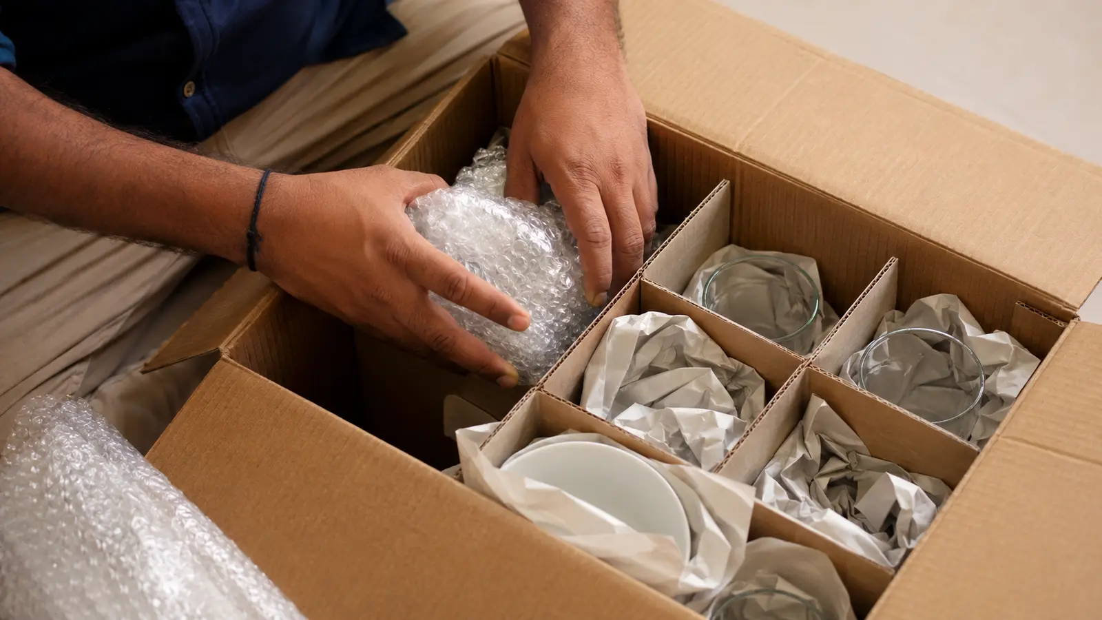 Glassware and crockery packed individually in a divided moving carton