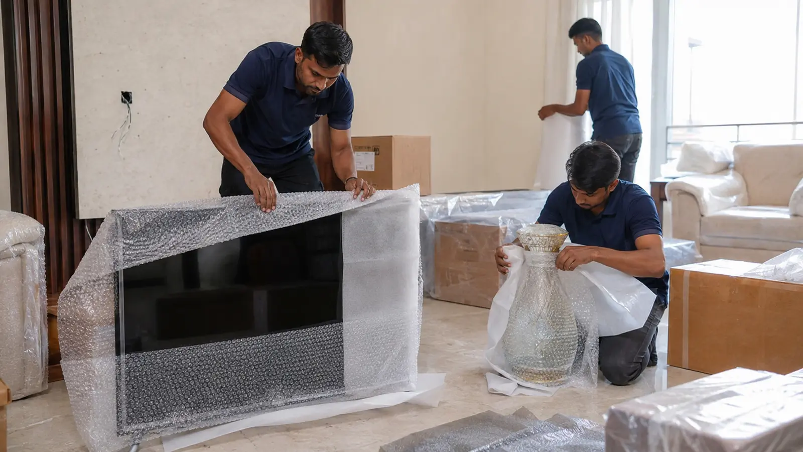 Professional movers protecting a television and fragile decor in Hyderabad