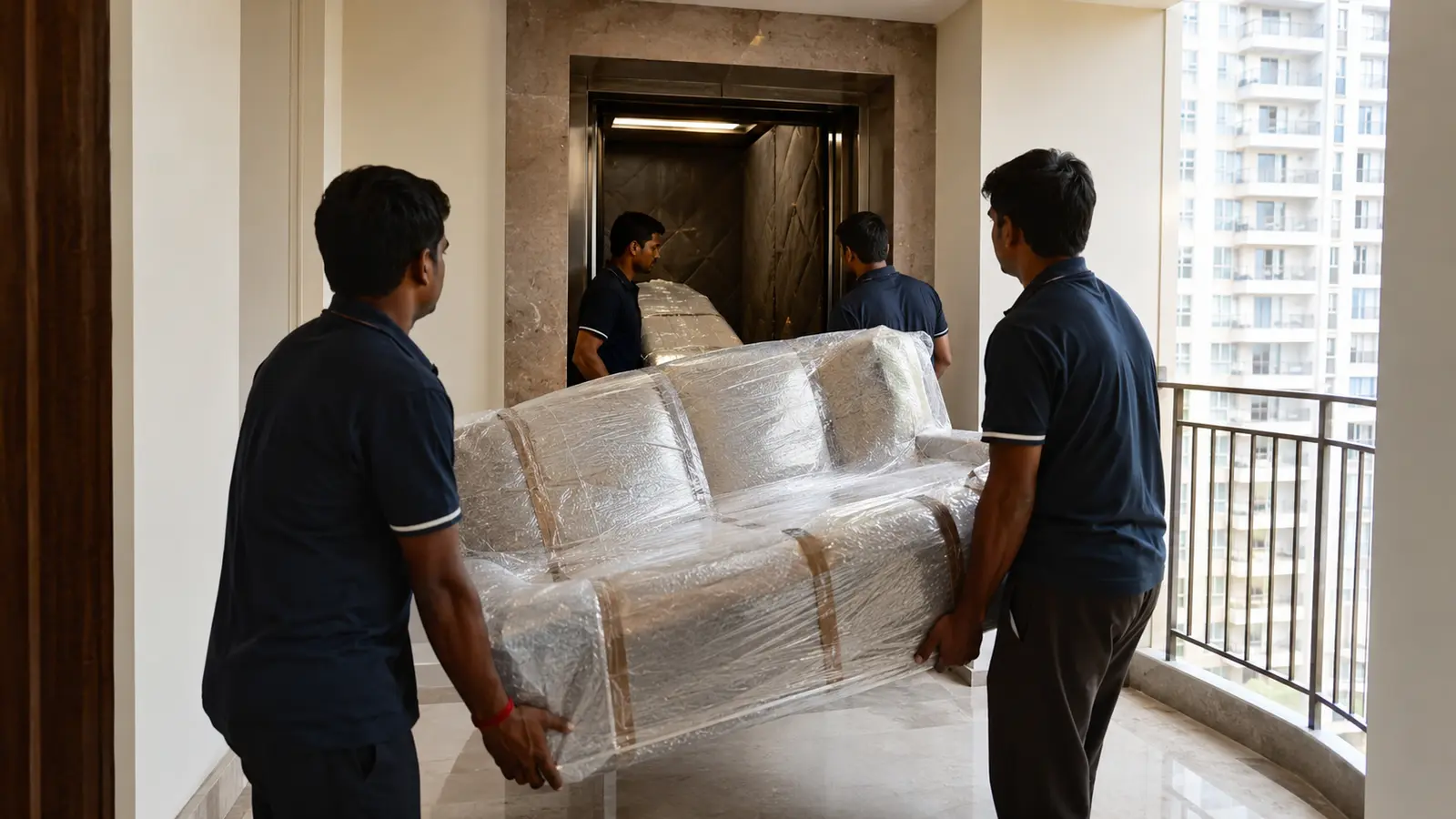 Movers carrying a protected sofa through a Hyderabad apartment corridor